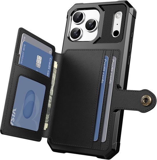 Zwart iPhone hoesje met opengeklapte kaarthouder, met creditcards en geld.