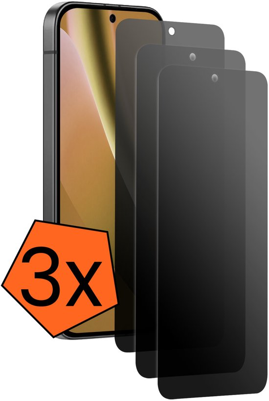 Set van 3 privacy screenprotectors voor telefoon, met een '3x' oranje label.