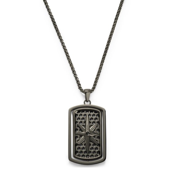 Donkergrijs metalen dogtag-ketting met een sterrenkompas-ontwerp in het midden en een honingraatpatroon.