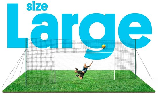 Grote voetbaldoel (size Large) met keeper die een bal vangt.