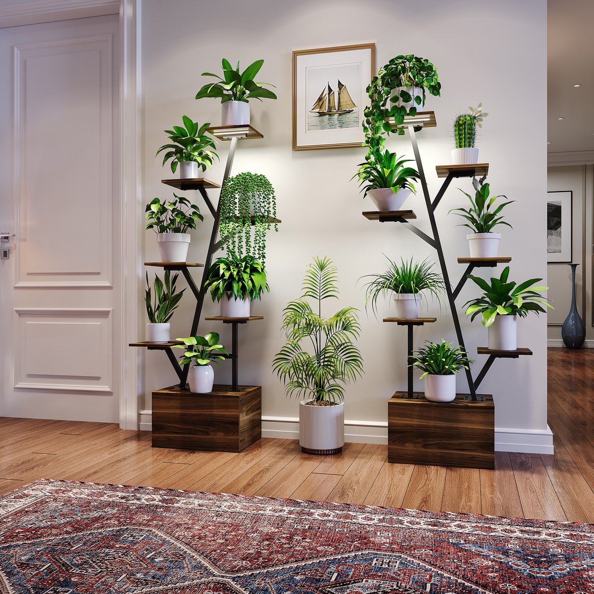 2x Plantenstandaard 40×30×140 cm – Tijgerbladkleur – LED Groei Lamp – Opberg- & Displaykast