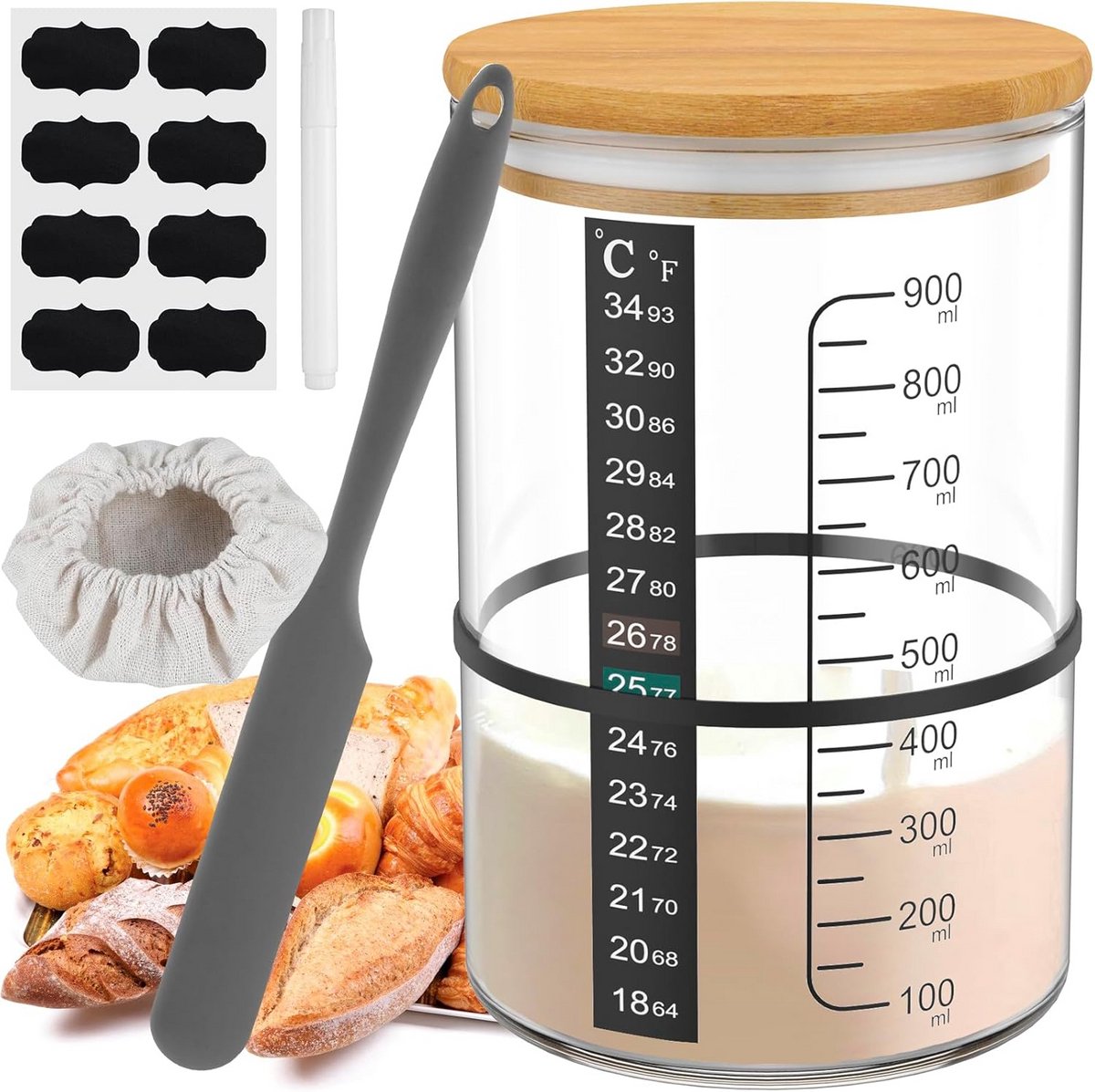 Complete Zuurdesem Starterset met Glas (900 ml) en Houten Deksel