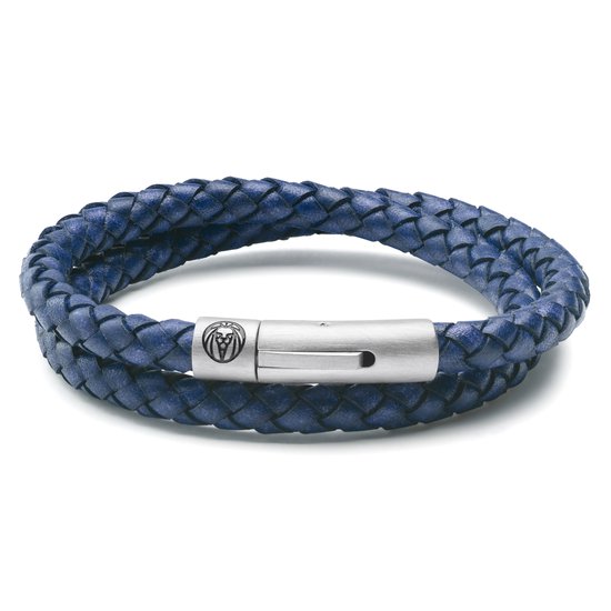 Bracelet double en cuir bleu marine tressé avec fermoir argenté orné d'un logo.