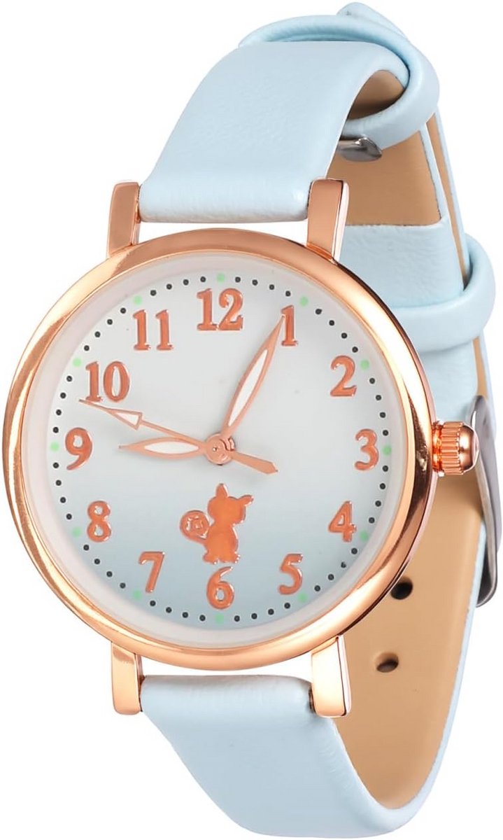 Kinderhorloge Meisjes Analoge Kwarts Polshorloge met Kattenprint en Zacht Leren Bandje
