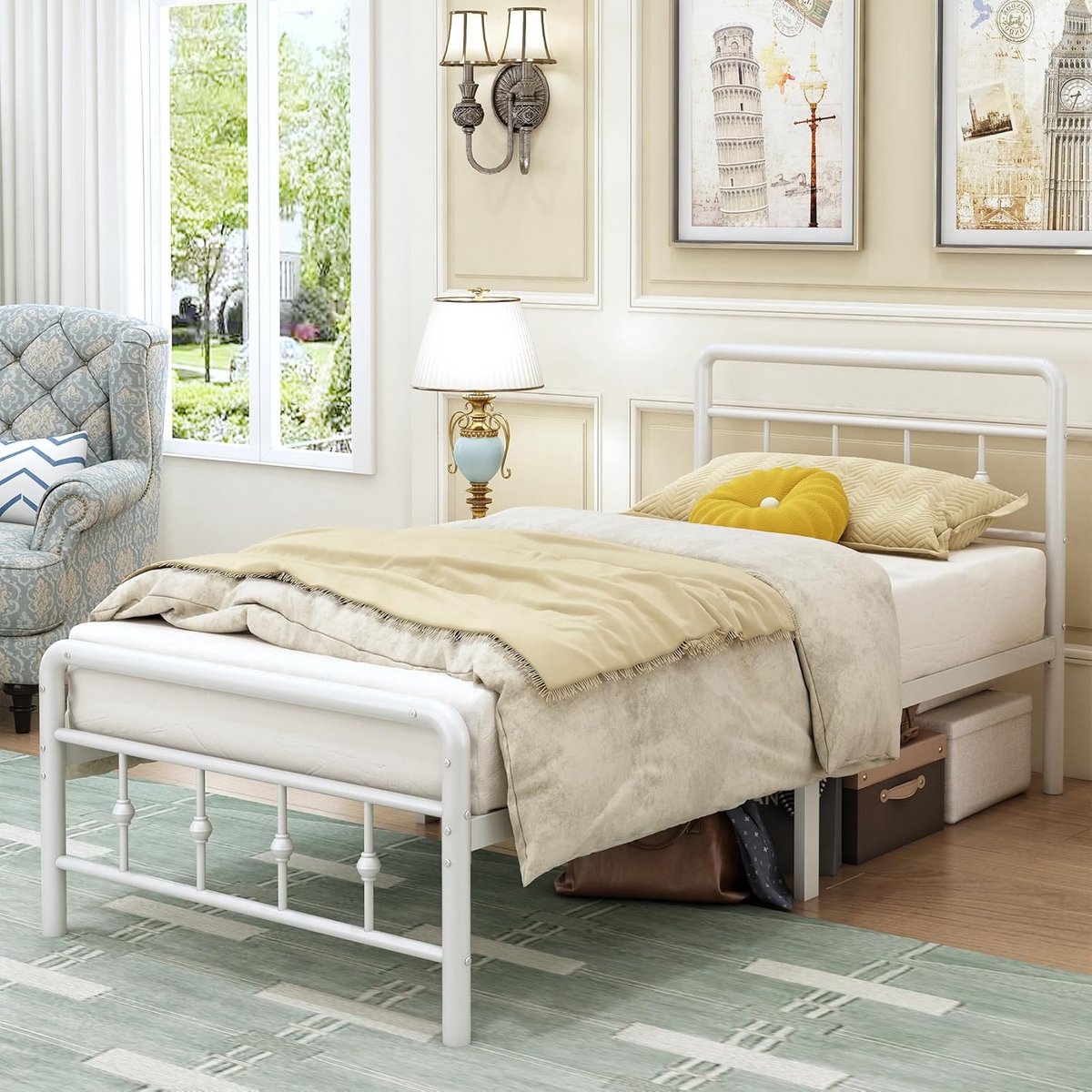 Metalen Bedframe 80x190 cm met Hoofdeinde en Voetenbord, 46 cm Hoog, Stalen Lattenbodem, Geluidsvrij