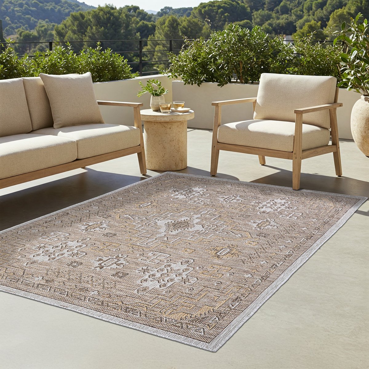 TAPISO Yucana Buitentapijt - Flatweave Vloerkleed Buiten & Binnen - Traditioneel Ornament Design Buitenkleed - Weerbestendig & UV-bestendig - Bruin Grijs 160x230