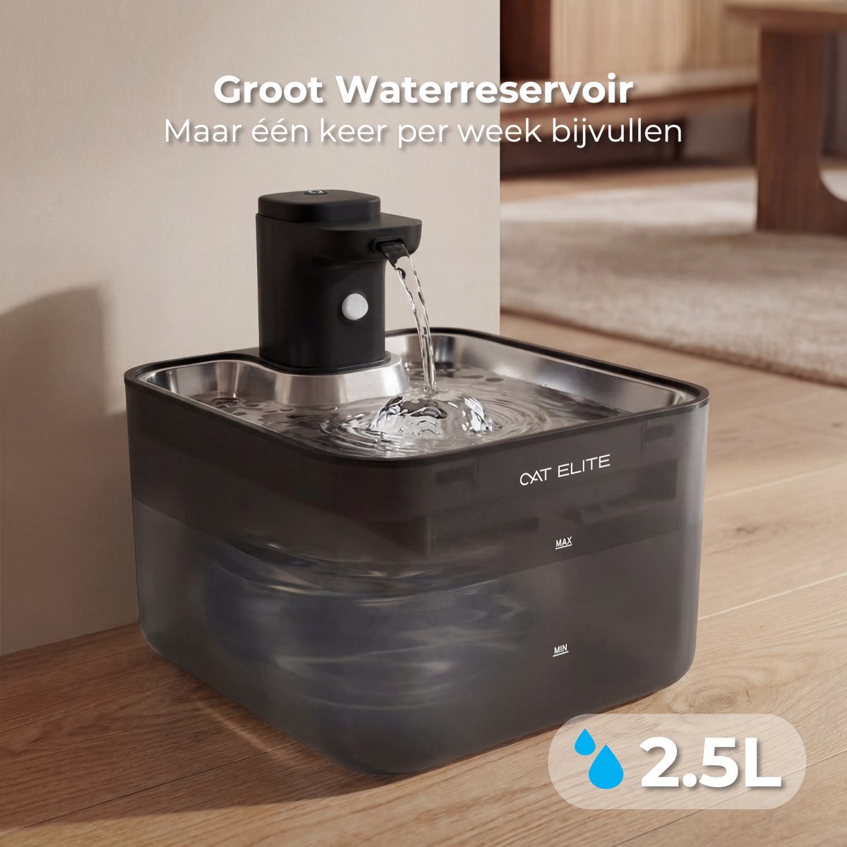 CatElite® - Draadloze Drinkfontein Kat RVS | Wave - Waterdispenser met Sensor & Accu - Incl. 2 Filters - 2.5L Waterfontein Kat - Kattenfontein - Fluisterstil - Zwart - Upgraded Version thumbnail 6