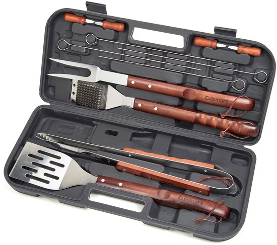 Cuisinart BBQ Accesoires - Set van 13 stuks - RVS Barbecue Gereedschap met Hout - Met o.a. Spatel, Grilltang en Maishouder - In Koffer - 45 cm