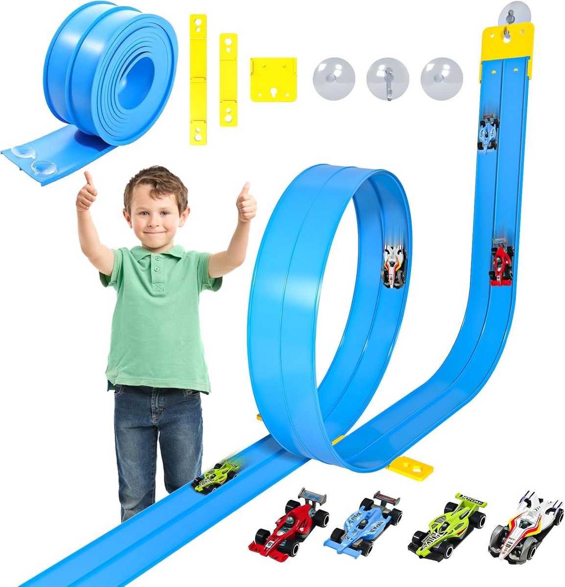 Flexibele Racebaan 5 Meter met 4 Auto's en Zuignappen voor Uren Speelplezier