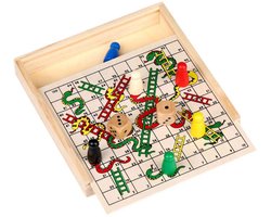 Eddy Toys Slangen en Ladders Bordspel - 15x15 cm - Snakes & Ladders Spel - Houten Bordspel met 6 Pio