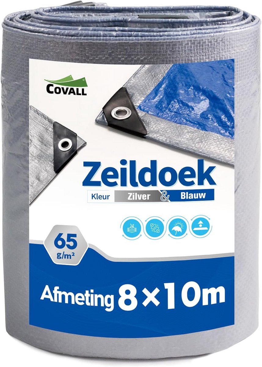 Waterdicht Afdekzeil 8x10m Zilver/Blauw met Ogen - Sterk en UV-bestendig