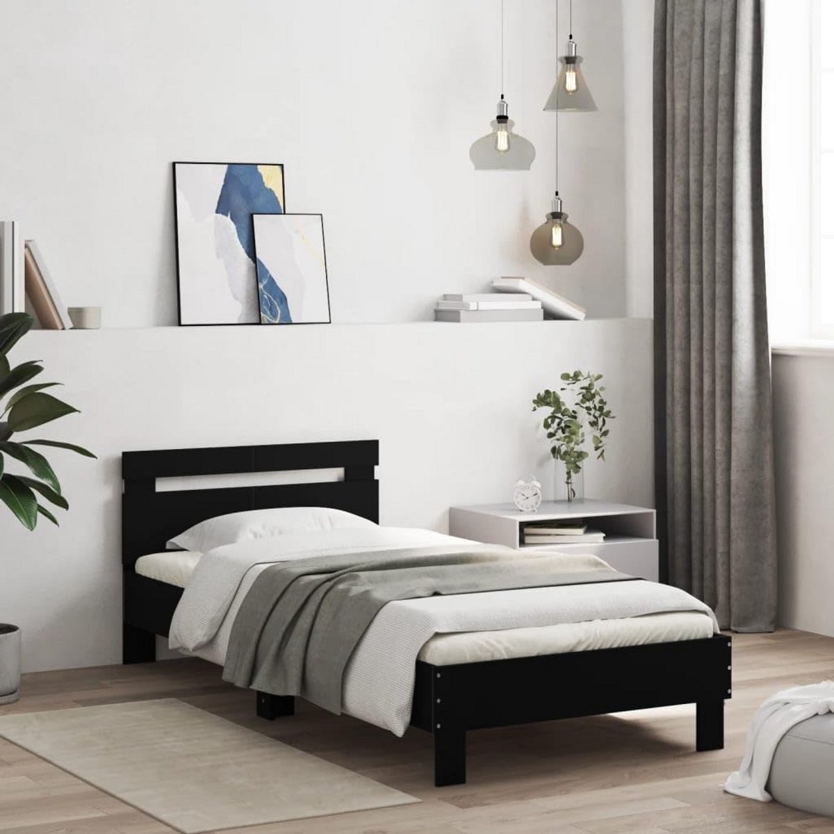 Eenpersoons Bedframe met Hoofdbord en Sfeervolle LED Verlichting, Zwart 100x200 cm