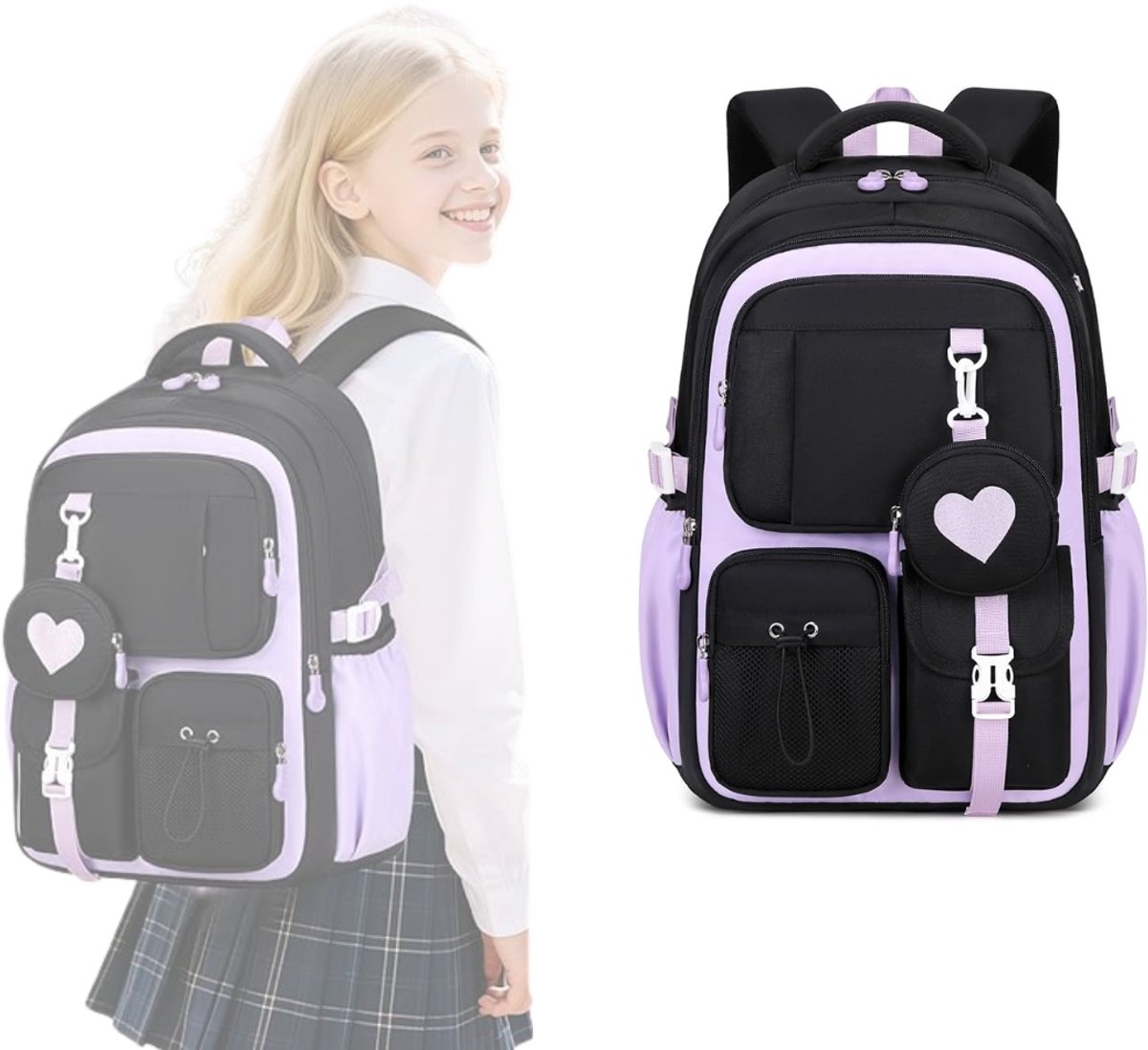 NBAP® Boekentas Meisjes Lagere School - Schooltas Eersteleerjaar Groot - Zwart en wit