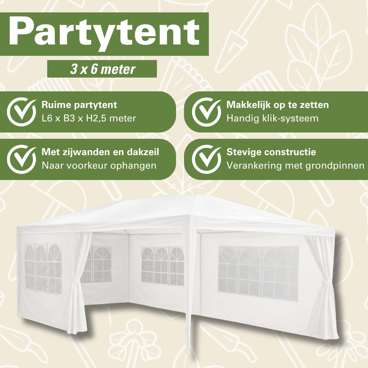 Kinzo Partytent 3x6 m - Tent Paviljoen voor 70 Personen - Tuinpaviljoen met 6 Zijwanden - Tuintent met Nokhoogte 2.5m - Feesttent Waterdicht en UV Bestendig - Wit – foto 2