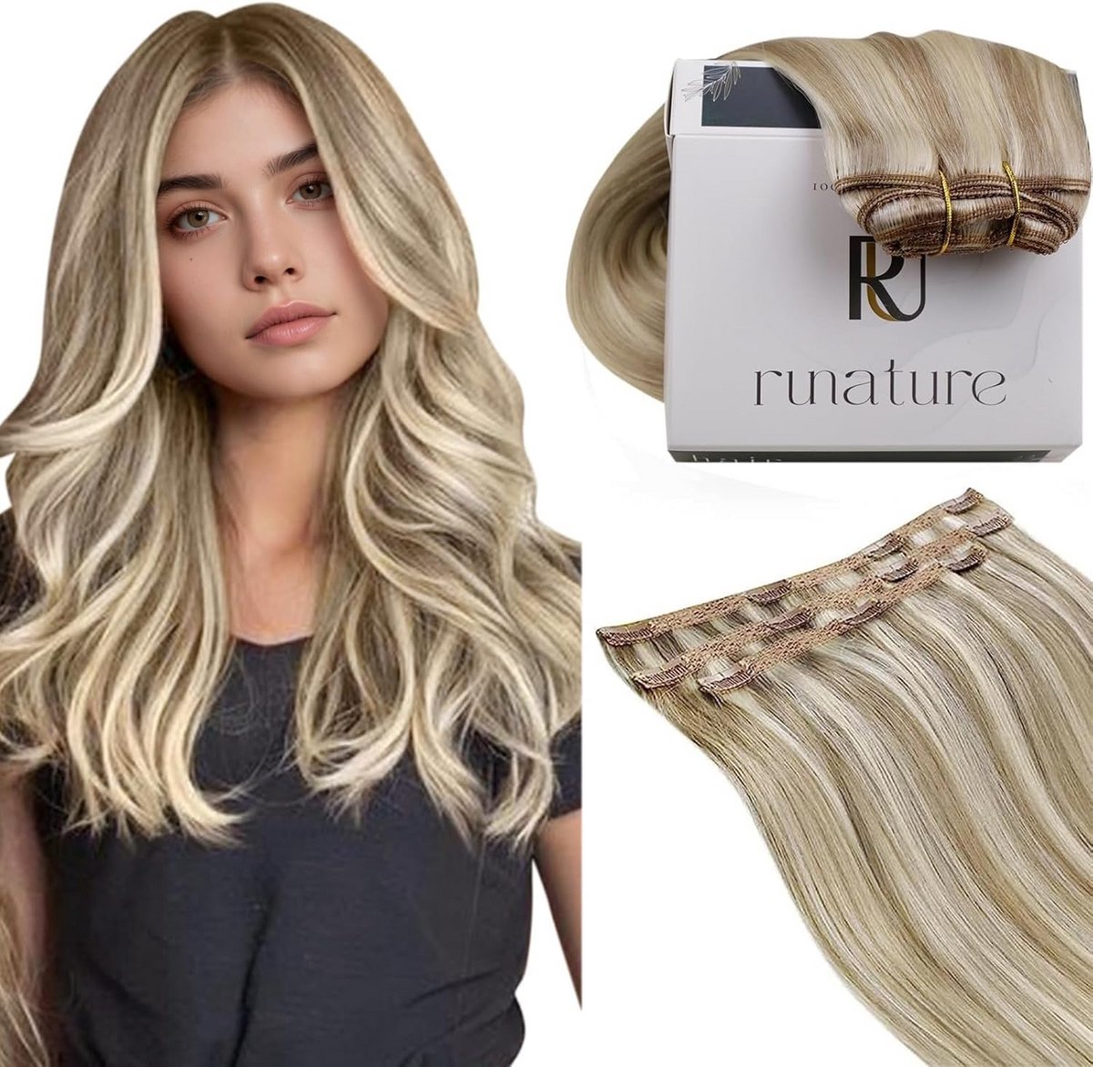 Clip-in Haarverlenging Menselijk Haar Asblond met Platinablond Strepen Recht Kort