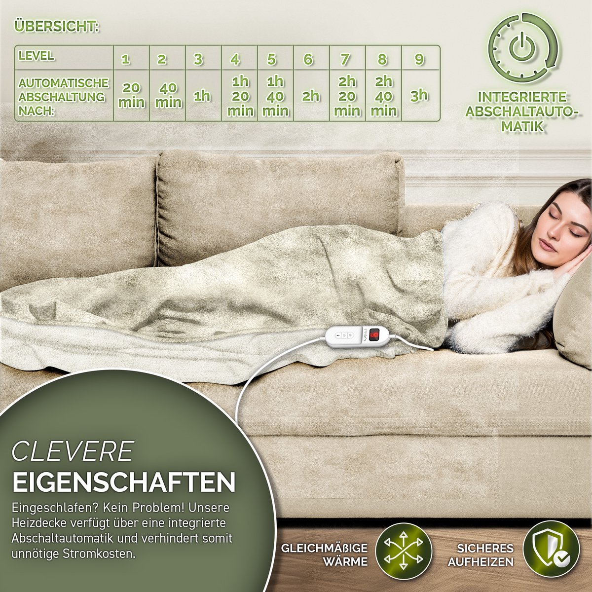 Sinnlein Elektrische Deken 9 Warmtestanden Beige - afbeelding 3