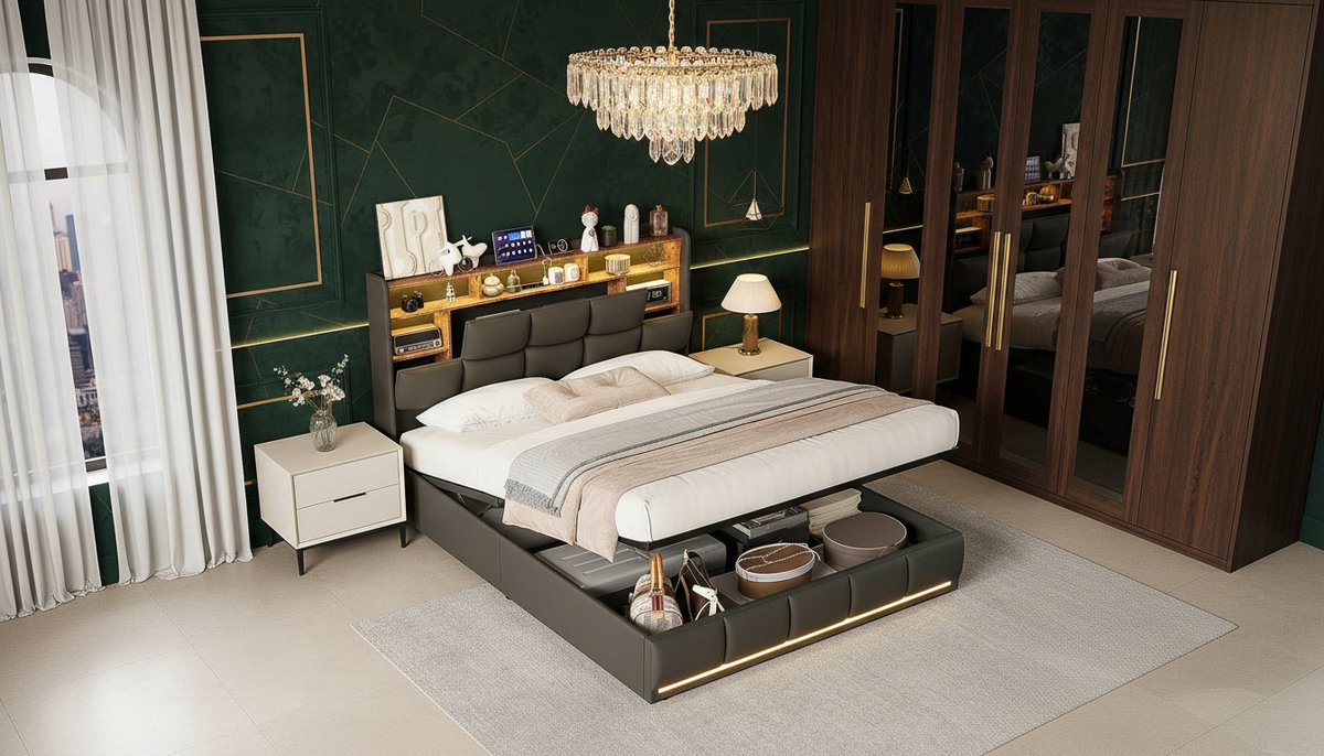 Opbergbed Tweepersoons 140x200 cm – Casa Velluto Onyx Luxe PU Bedframe met LED-verlichting, USB-poort en Hydraulische Opbergruimte – Modern Zwart Gestoffeerd Bed met Lattenbodem