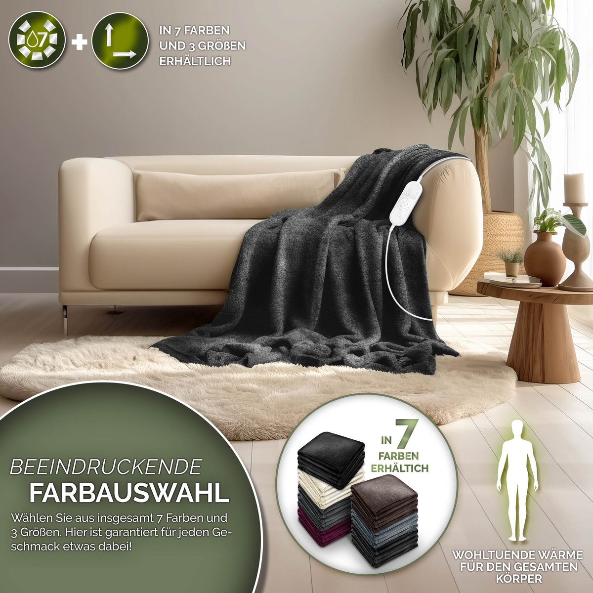 Sinnlein® Elektrische Deken 120W Antraciet Fleece - afbeelding 3