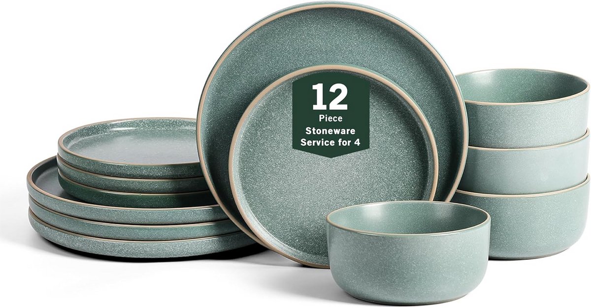 12-Delige Steengoed Servies Set Groen voor 4 Personen - Bord en Kom Set