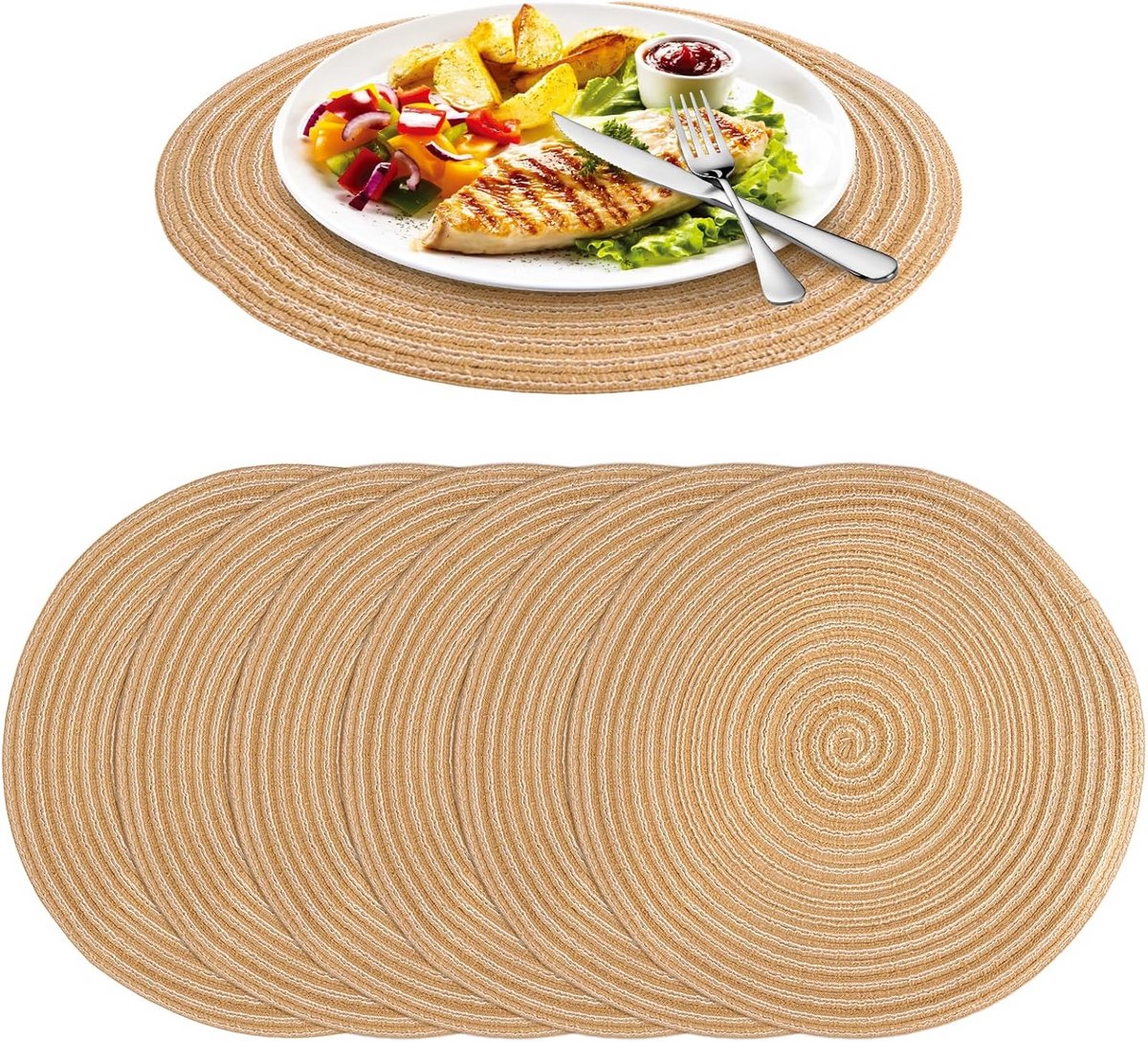 Set van 6 Ronde Gevlochten Placemats 30 cm Afwasbaar en Hittebestendig