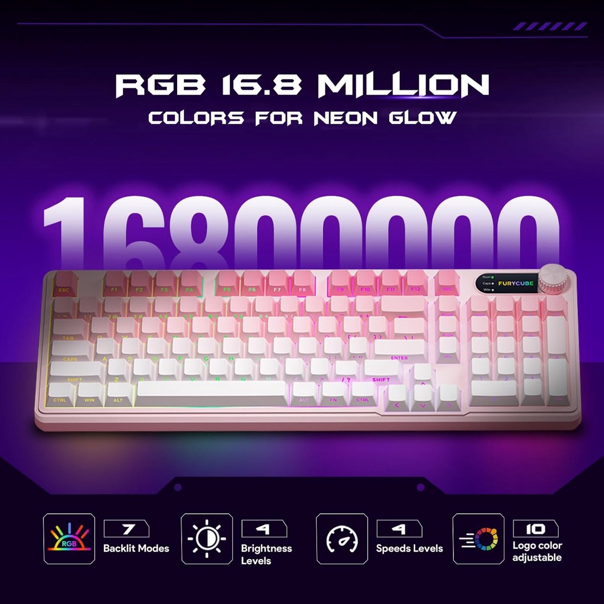 Furycube IP98 PRO - Mechanisch-Feeling Gaming Toetsenbord - 98 Toetsen - RGB Verlichting - Draadloos & Bedraad - 5000mAh Batterij - Roze thumbnail 3