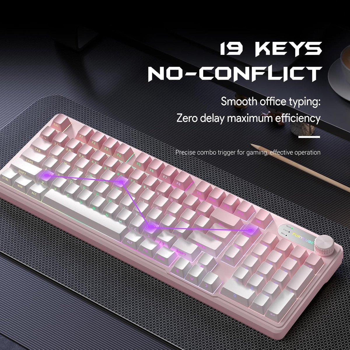 Furycube IP98 PRO - Mechanisch-Feeling Gaming Toetsenbord - 98 Toetsen - RGB Verlichting - Draadloos & Bedraad - 5000mAh Batterij - Roze thumbnail 4