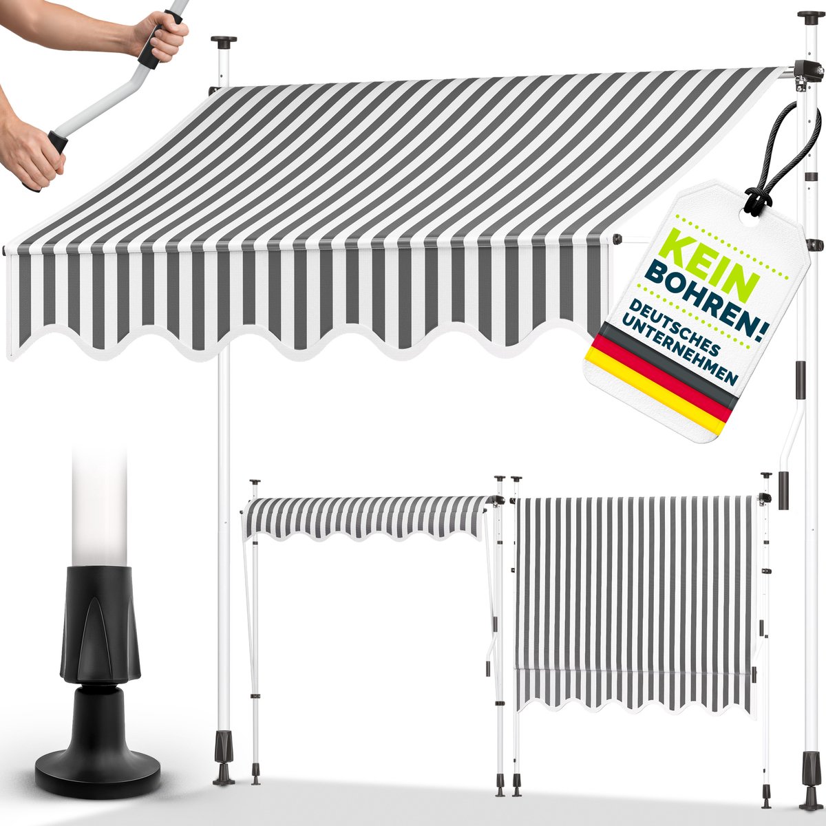 tillvex Klemluifel 200 cm grijs/wit met handslinger, voor balkon, balkonluifel zonder boren, luifel uv-bestendig en in hoogte verstelbaar, zonwering, waterdicht