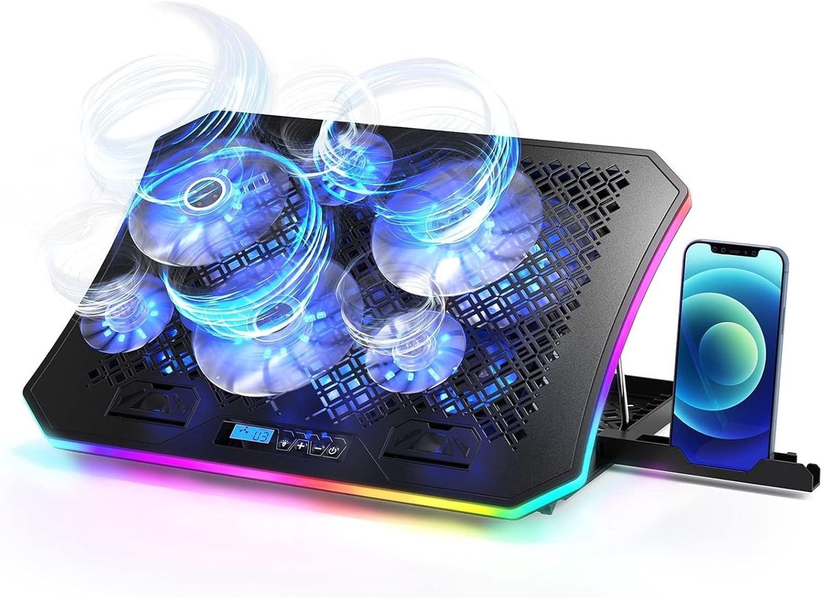 Laptopkoelpad, RGB-licht laptopkoeler, 6 ventilatoren, voor 15,6-17,3 inch laptops
