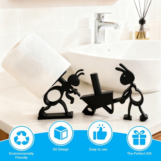 Zwarte ant toiletrolhouders op een aanrecht bij een wasbak. Twee ant-vormige houders houden een rol toiletpapier vast. Iconen tonen milieu, 3D-ontwerp, gebruiksgemak en cadeau.