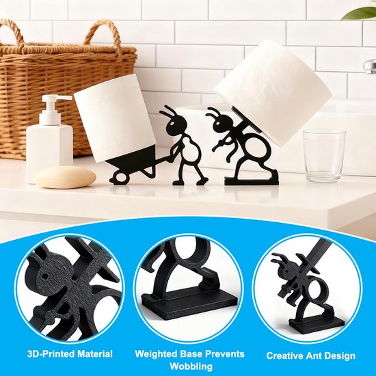Zwarte ant toiletrolhouders op een aanrecht met een mand, zeep en glas. Drie close-ups tonen 3D-geprint materiaal, gewogen basis en creatief ontwerp.