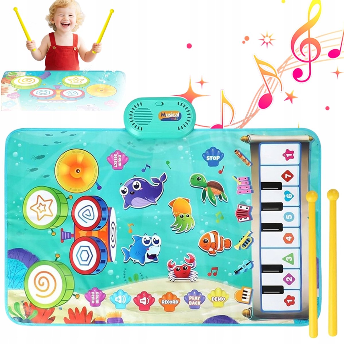 Piano Speelmat - Kinderspeelgoed - Muziekmat voor Kinderen - Blauw 80x50cm 8 Toetsen & Drum - 13 Liedjes & Opnamefunctie - Educatief Speelgoed