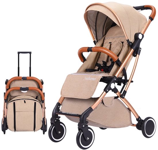 Beige kinderwagen met bruine handgrepen, volledig uitgeklapt en compact opgevouwen als trolley.