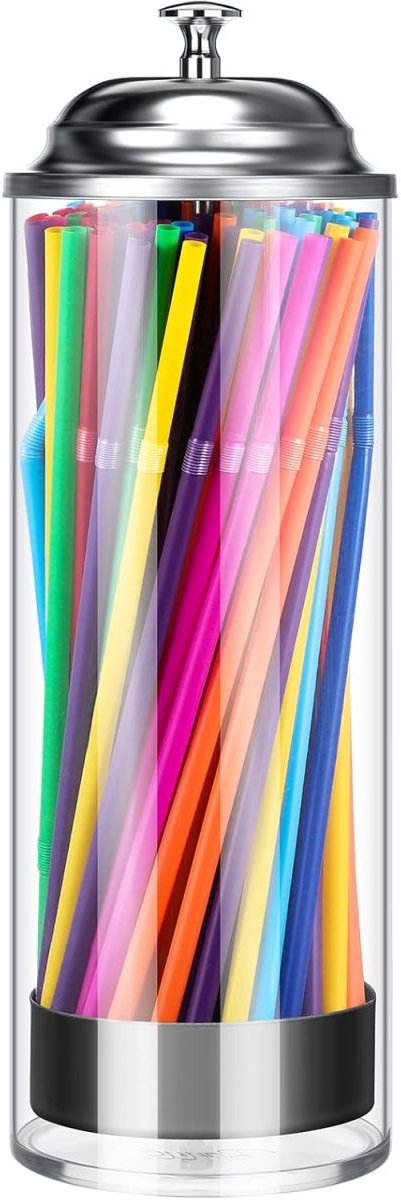 QTTVBTNA – 1 Stuk Rietjeshouder dispenser – drinkrietjes container met deksel – duidelijke opbergpot voor rietjes – stofvrij en hygiënisch – geschikt voor keuken, bar, café en aanrecht – praktische rietjes organizer – transparant