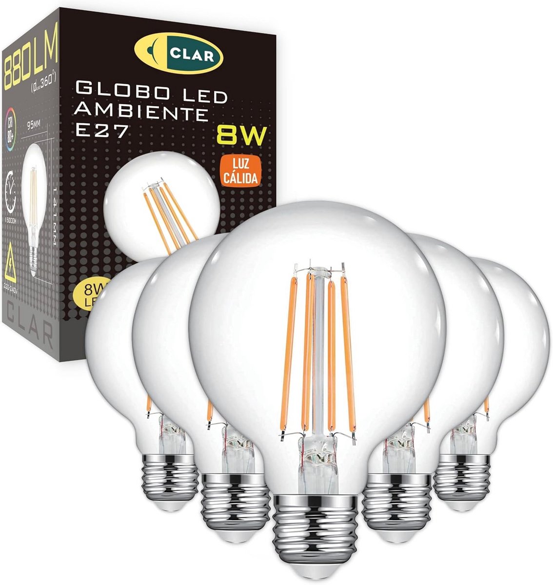 Set van 5 Grote Bolvormige LED Gloeilampen E27 8W Warm Wit Licht 2700K 360 Graden