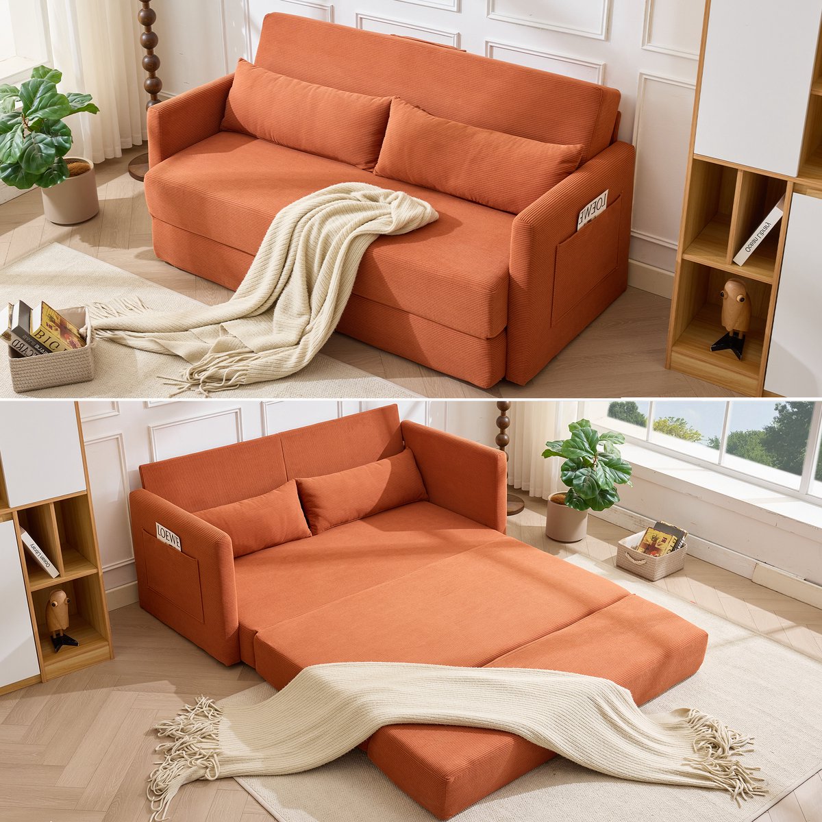 2-Zits Bank, Vloerslaapbank, de 2-in-1 Vouwbank, Corduroy stof, Woonkamer, Appartement, met twee Lendenkussens, Voorzien van twee Tijdschriftenvakken, 165 x 92 x 82 cm,Oranje