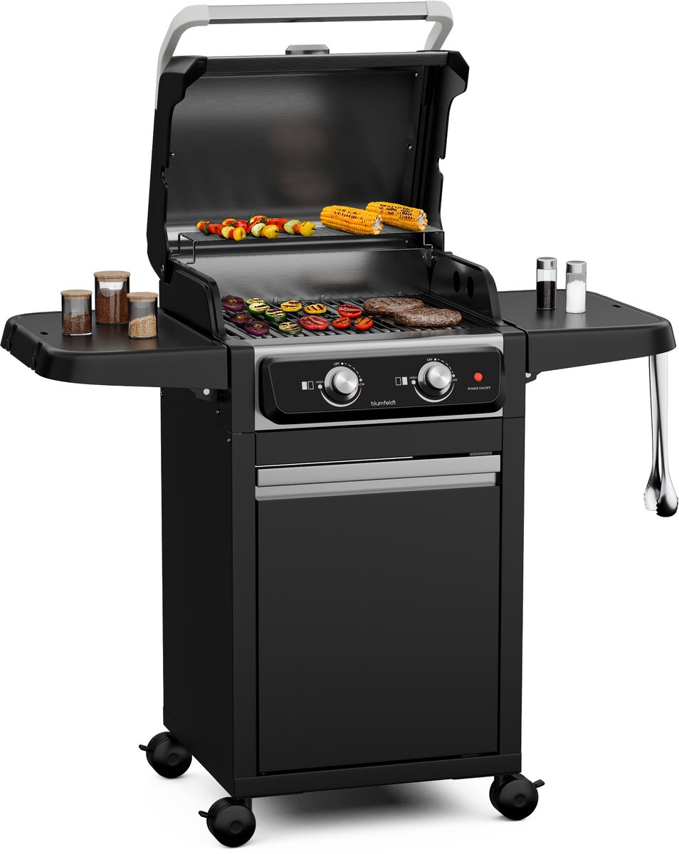 Blumfeldt Barbecue ElectricPro elektrische Grill 3000W - Buiten-BBQ met Gietijzeren Roosters, 100-330°C, Opklapbare Zijtafels, Ingebouwde Thermometer, Wielen met Remmen, Verwijderbare Lekbak - voor Tuin voor Terras - Tafelgrill