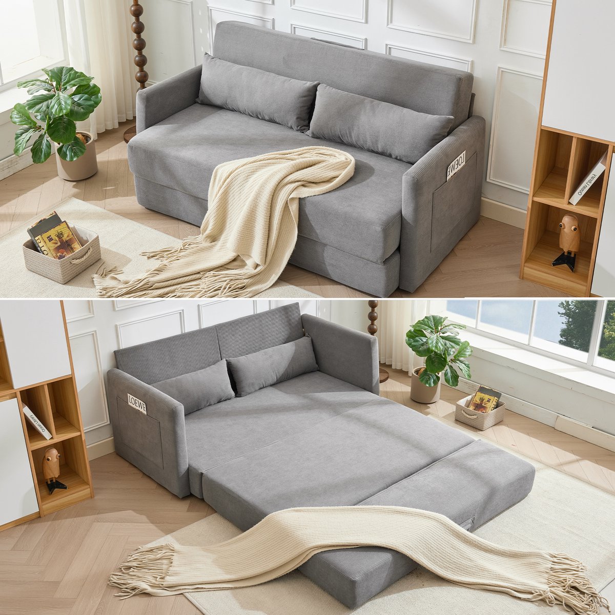 2-Zits Bank, Vloerslaapbank, de 2-in-1 Vouwbank, Corduroy stof, Woonkamer, Appartement, met twee Lendenkussens, Voorzien van twee Tijdschriftenvakken, 165 x 92 x 82 cm,Grijs