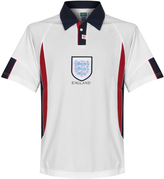 Wit retro Score Draw shirt met verticale ribbels, navy kraag, wapen van Engeland op de borst en 'England' tekst.