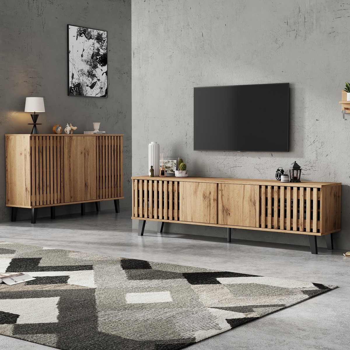STILVORA Tv-Meubel En Dressoir Set - Opbergvakken En Kastdeuren - Voor Woonkamer En Slaapkamer - Spaanplaat - 180x40x55;150x40x95