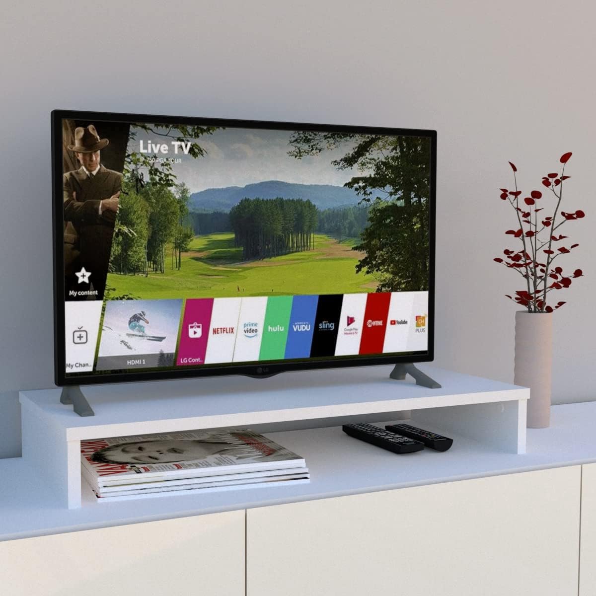 Houten tv-bank en monitorstandaard 85 cm - schermverhoger voor betere houding met opbergfunctie - belastbaar tot 50 kg - wit