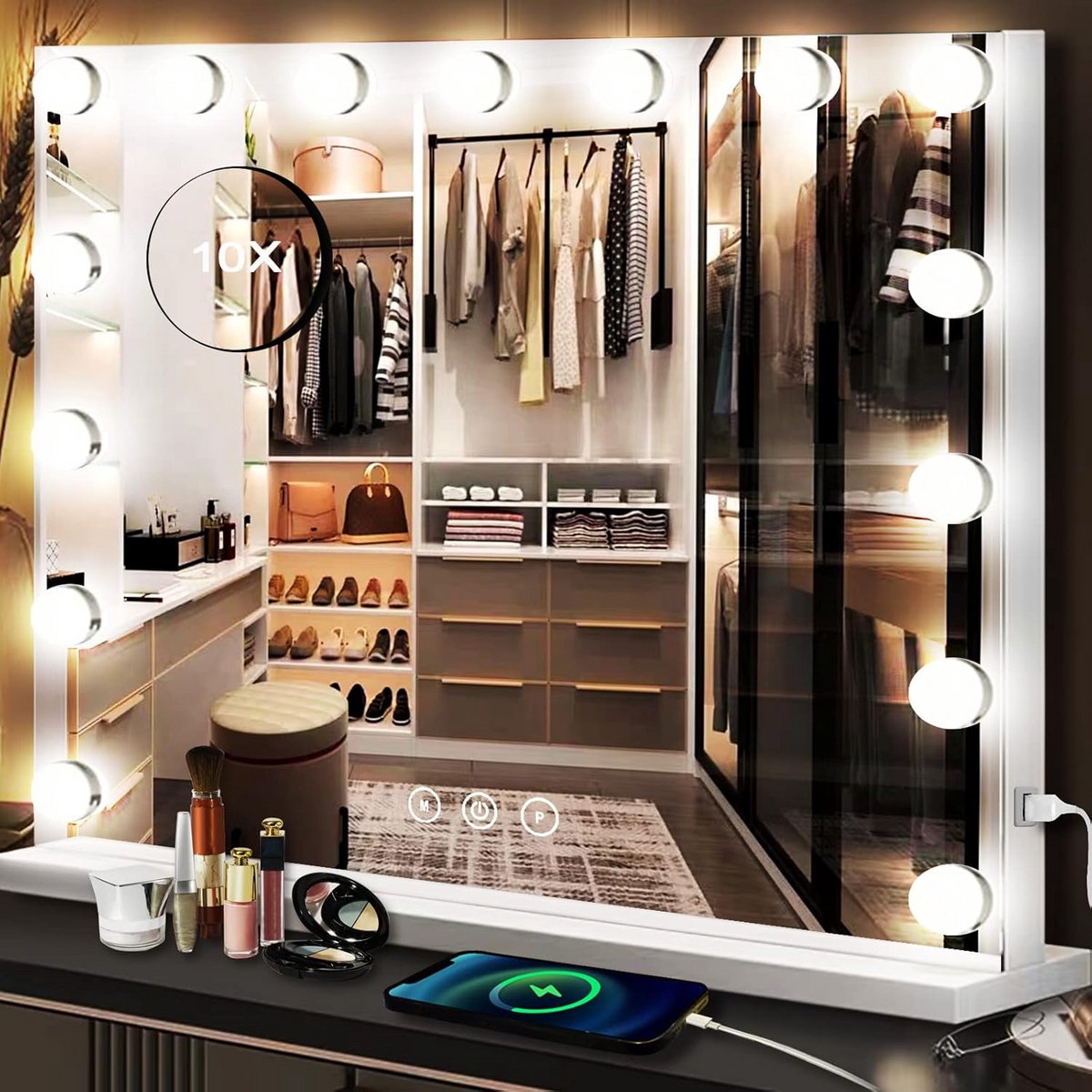 Hollywood Make-up Spiegel met Lichten Dimbare 3 Kleuren en Vergroting
