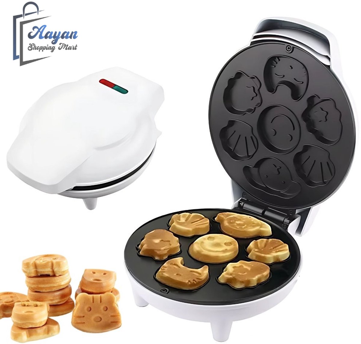 Wafelijzer met Figuren 1200W – Wafelmaker & Koekjesmaker met Diverse Patronen – Anti-aanbaklaag – 20x20 cm – Wafelijzer met Leuke Vormen (Kat, Hond, Smiley) – Kinder Wafels – Compact – Wit – 78465