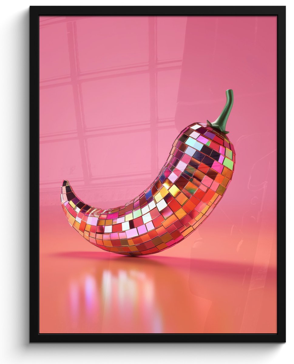 FrameYourWall Fotolijst inclusief poster - Posterlijst 50x70 cm - Posters - Peper - Disco - Rood - Glitter - Foto in lijst - Keuken decoratie muur - Wanddecoratie accessoires - Muurdecoratie - Schilderijen Disco - Peper