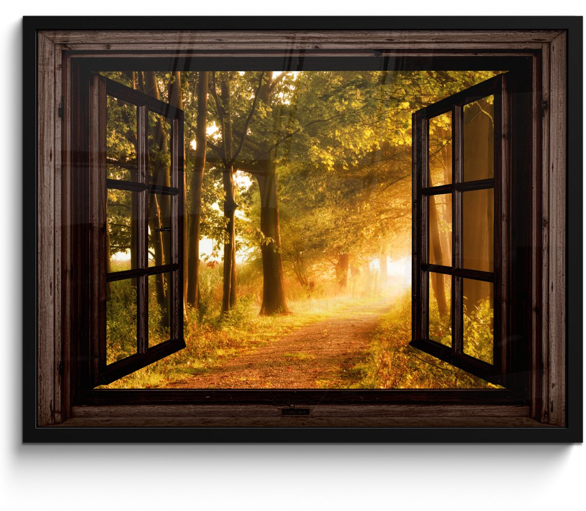 FrameYourWall Poster in lijst - Fotolijst 70x50 cm - Posters - Bos - Bomen - Zonlicht - Herfst - Bospad - Natuur - Doorkijk - Posterlijst zwart - Decoratie - Wanddecoratie woonkamer - Muurdecoratie slaapkamer Bruin