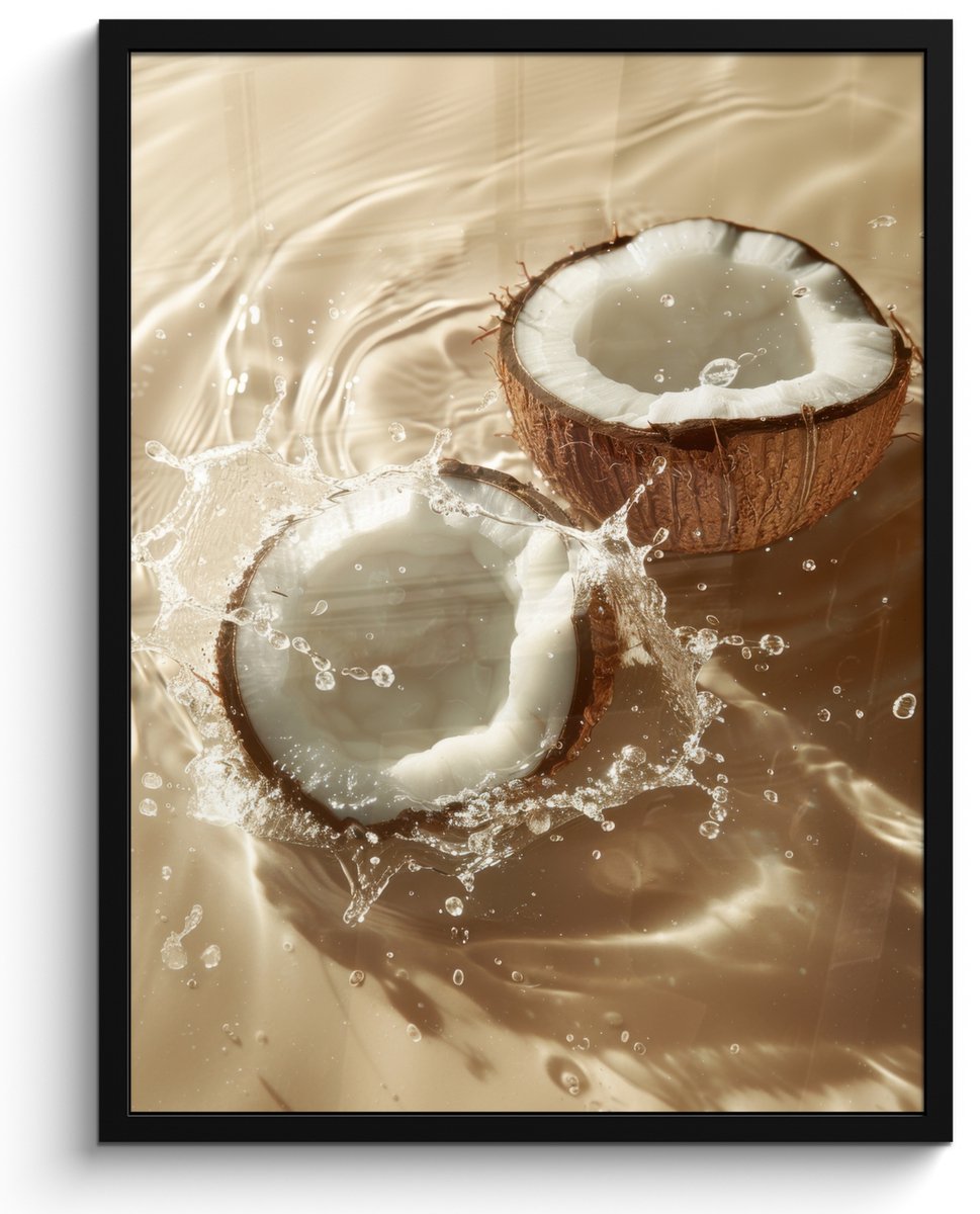 FrameYourWall Fotolijst inclusief poster - Posterlijst 50x70 cm - Posters - Kokosnoot - Water - Beige - Spetters - Foto in lijst - Keuken decoratie muur - Wanddecoratie accessoires - Muurdecoratie - Schilderijen