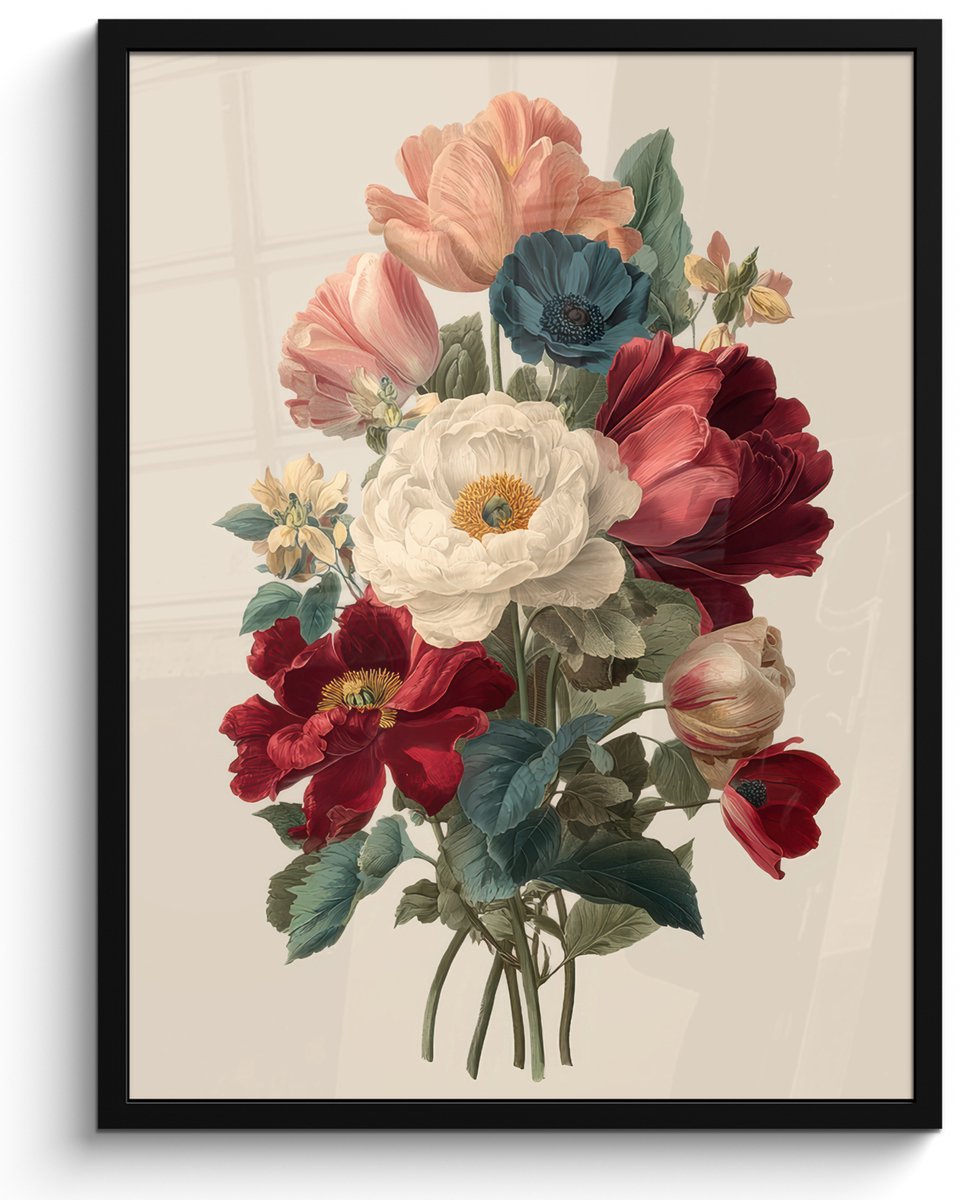 FrameYourWall Poster in lijst - Fotolijst 50x70 cm - Posters - Boeket - Warme tinten - Elegant - Posterlijst zwart - Decoratie - Wanddecoratie woonkamer - Muurdecoratie slaapkamer Boeket - Elegant