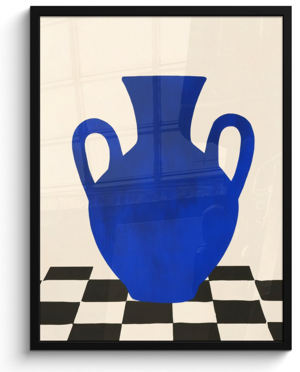 FrameYourWall Poster in lijst - Fotolijst 50x70 cm - Posters - Vaas - Blauw - Geblokt - Modern - Posterlijst zwart - Decoratie - Wanddecoratie woonkamer - Muurdecoratie slaapkamer