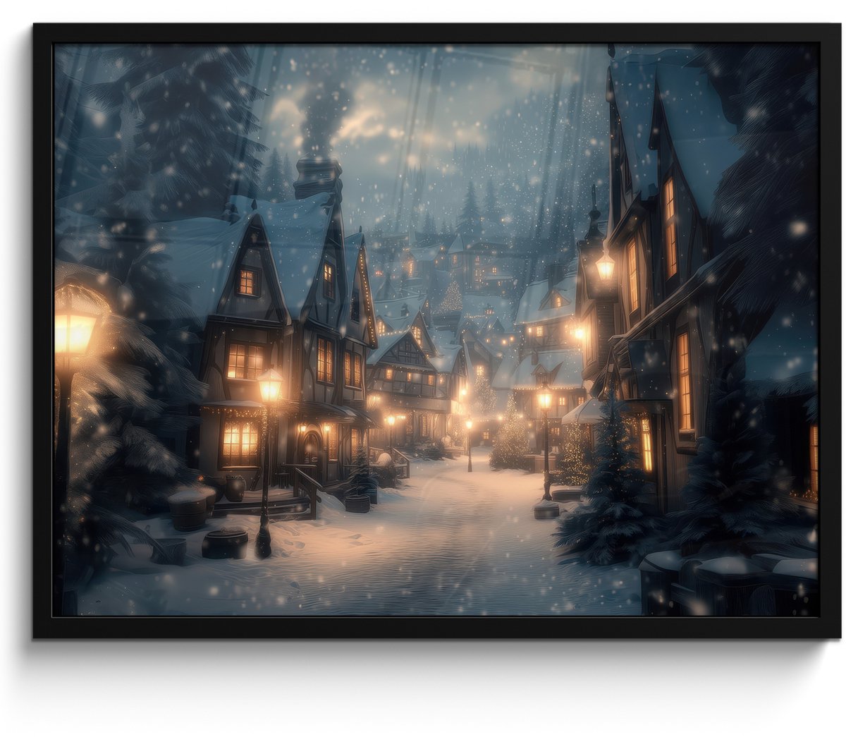 FrameYourWall Poster in lijst - Fotolijst 70x50 cm - Posters - Winterdorp - Sneeuw - Donker - Posterlijst zwart - Decoratie - Wanddecoratie woonkamer - Muurdecoratie slaapkamer