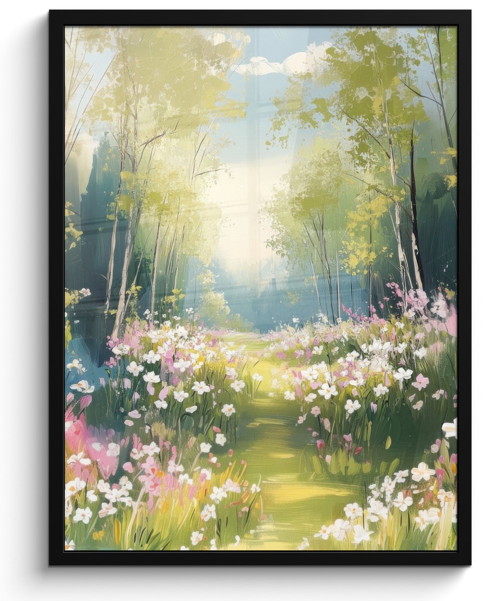 FrameYourWall Poster in lijst - Fotolijst 50x70 cm - Posters - Bos - Schilderstijl - Kleurrijk - Posterlijst zwart - Decoratie - Wanddecoratie woonkamer - Muurdecoratie slaapkamer Landschap - Bos