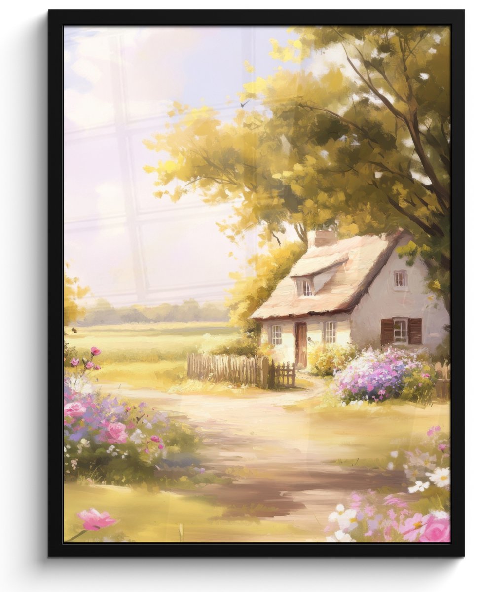FrameYourWall Poster in lijst - Fotolijst 50x70 cm - Posters - Huisje - Hout - Bloemen - Posterlijst zwart - Decoratie - Wanddecoratie woonkamer - Muurdecoratie slaapkamer Landschap - Huisje